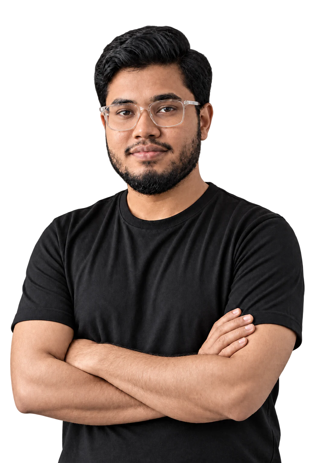 Portrait of Akib Zawayed, arms crossed, in a black t-shirt and clear-frame glasses